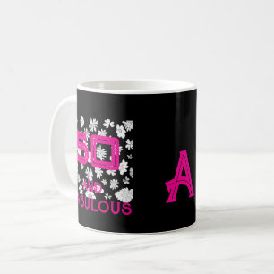 Taza De Café Monograma 50 y fabuloso rosa blanco y negro floral