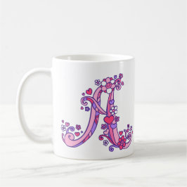 Taza De Café Monograma A corazones y flores púrpura pink mug