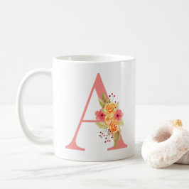 Taza De Café Monograma A elegante de flor rosa y Naranja