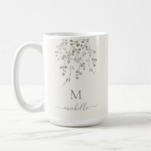 Taza De Café Monograma Acuarela Botánica Personalizada Marfil