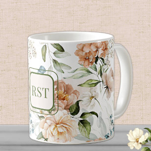 Taza De Café Monograma acuarela Floral 11 oz. Clásica
