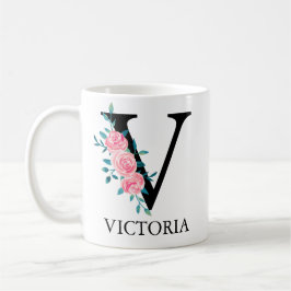 Taza De Café Monograma Acuarela Personalizada Letra Única V