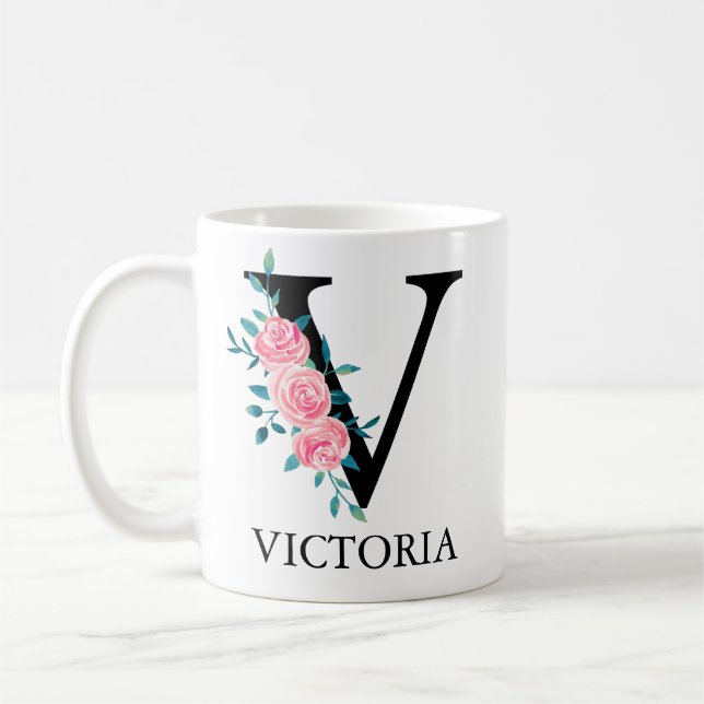 Taza De Café Monograma Acuarela Personalizada Letra Única V (Izquierda)