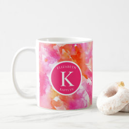 Taza De Café Monograma Acuarela Rosa Naranja Abstracto