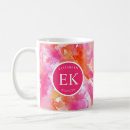 Taza De Café Monograma Acuarela Rosa Naranja Abstracto