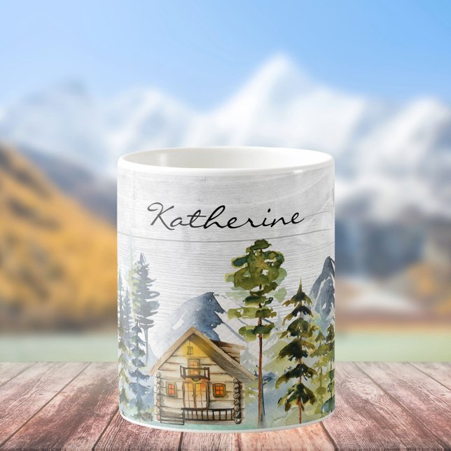 Taza De Café Monograma Acuarela Rustic Forest Mountain Cabaña (In situ)