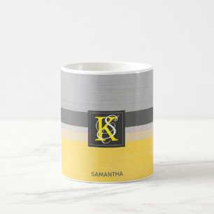 Taza De Café Monograma amarillo y gris del tono simple dos de