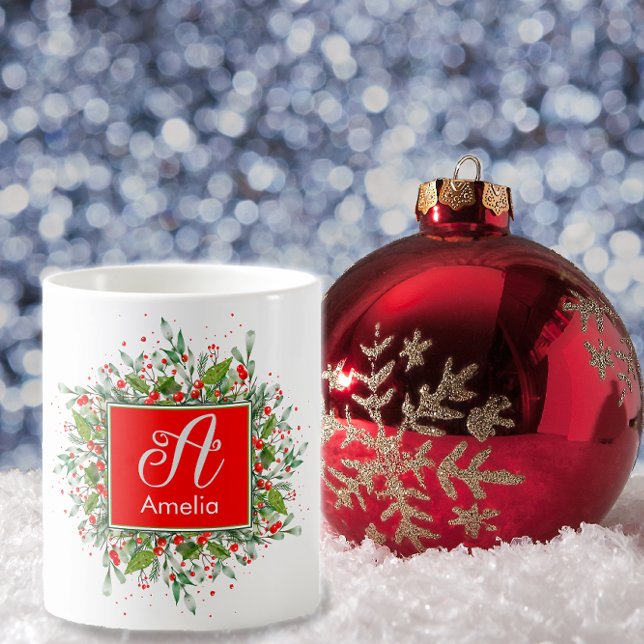 Taza De Café Monograma año nuevo Navidades café rojo verde Mug (Subido por el creador)