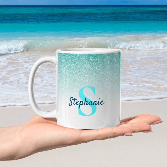 Taza De Café Monograma Aqua Purpurina azul Ombre Glam (Subido por el creador)