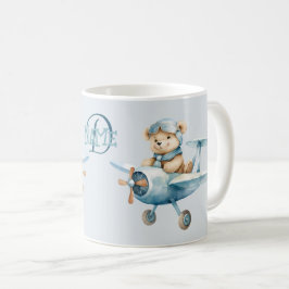 Taza De Café Monograma Avión piloto de oso azul feliz