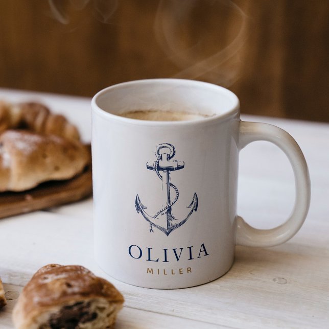 Taza De Café Monograma azul de la Marina de Ancla Náutica (This mug is perfect for ocean lovers. It features an anchor and allows you to personalize it)