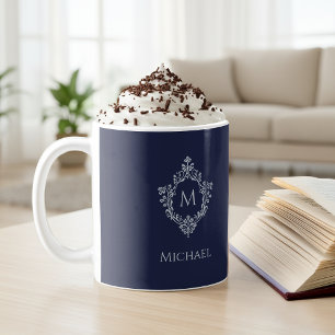 Taza De Café Monograma azul de la marina Escudo y nombre de épo