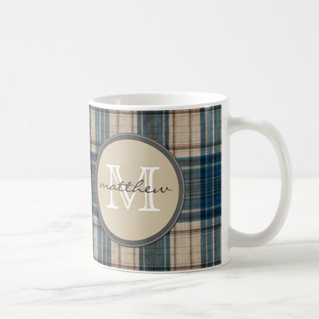 Taza De Café Monograma azul del fondo de la franela (Derecha)