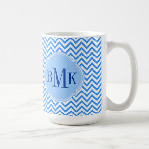 Taza De Café Monograma azul del modelo de zigzag de Chevron