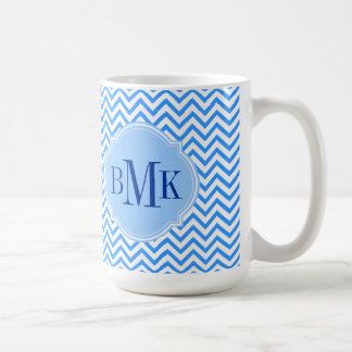Taza De Café Monograma azul del modelo de zigzag de Chevron