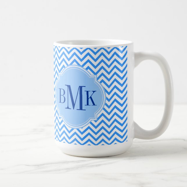 Taza De Café Monograma azul del modelo de zigzag de Chevron (Derecha)