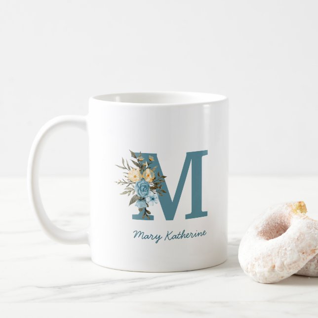 Taza De Café Monograma azul floral café personalizado Mug (Con donut)
