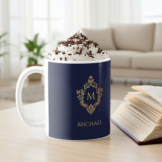 Taza De Café Monograma Azul Marino Dorado Elegante Cresta Vinta (Subido por el creador)