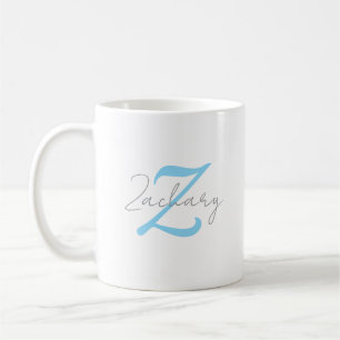 Taza De Café Monograma Azul Moderno y Nombre Personalizado en L