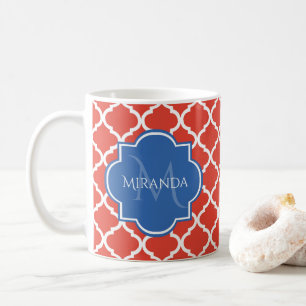 Taza De Café Monograma azul trendy y quatrefoil rojo