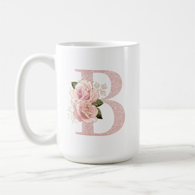 Taza De Café Monograma B Purpurina floral Girly Pale Rosa Gold (Izquierda)