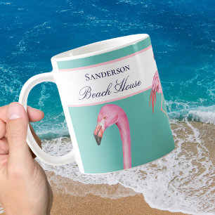 Taza De Café Monograma Beach House Verde azulado Flamingos azul