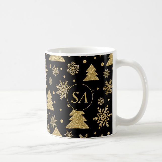 Taza De Café Monograma Black Golden Christmas Tree Snowflakes (Derecha)