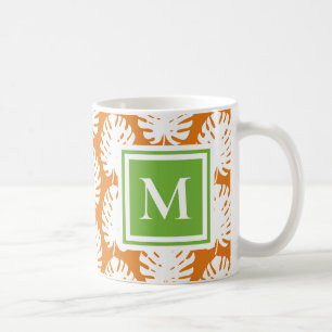 Taza De Café Monograma blanco Naranja verde hoja Monograma blan