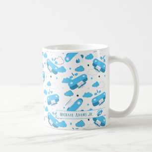 Taza De Café Monograma blanco y azul y nubes