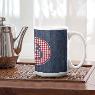 Taza De Café Monograma, Blue Denim Red White Check 15 oz
