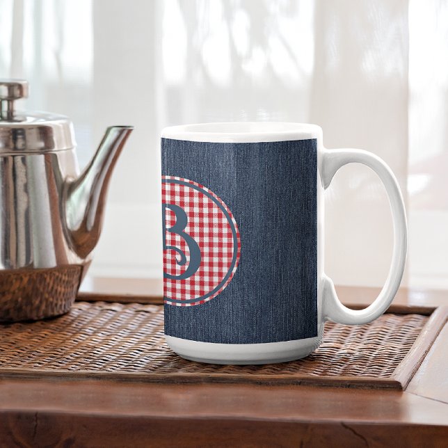 Taza De Café Monograma, Blue Denim Red White Check 15 oz (Subido por el creador)