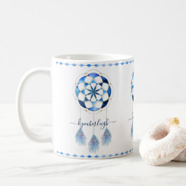 Taza De Café Monograma Boho Blue Celestial Mandala Dreamcatcher