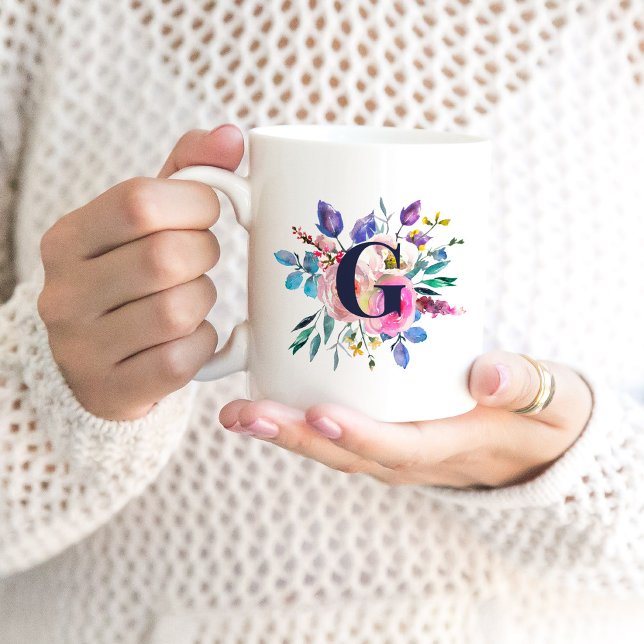Taza De Café Monograma Boho Floral Navy Amanecer (Subido por el creador)