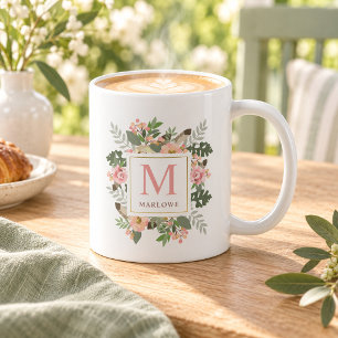 Taza De Café Monograma Boho Floral Rosa Dorado Rústico