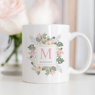 Taza De Café Monograma Boho Floral Rosa Dorado Rústico