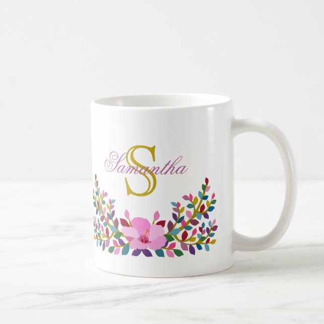 Taza De Café Monograma Boho Foliage Hibiscus Mug (Derecha)