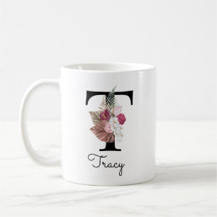 Taza De Café Monograma Boho rosa Giro Floral Inicial T