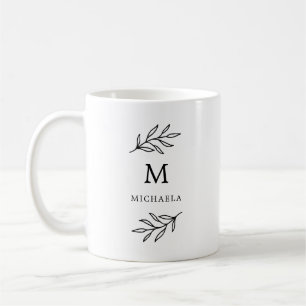 Taza De Café Monograma botánico blanco y negro mínimo de las