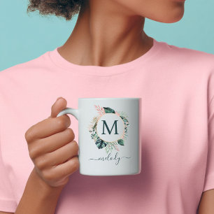 Taza De Café Monograma Botánico Boho - Verde - Blanco