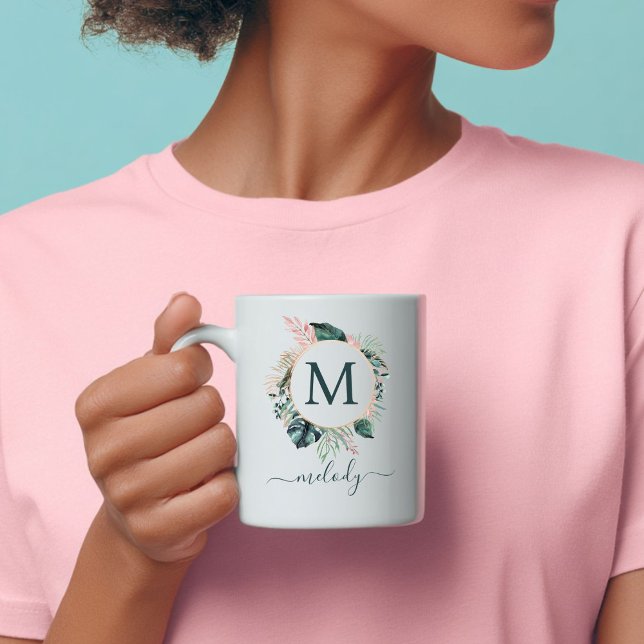 Taza De Café Monograma Botánico Boho - Verde - Blanco (Boho Botanical Monogram - Green - White Coffee Mug
with your Initial and Name)