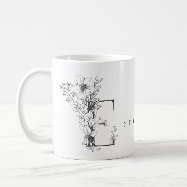 Taza De Café Monograma Botánico Floral "E" Personalizado Texto  (Izquierda)