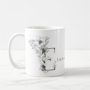 Taza De Café Monograma Botánico Floral "E" Texto Personalizado