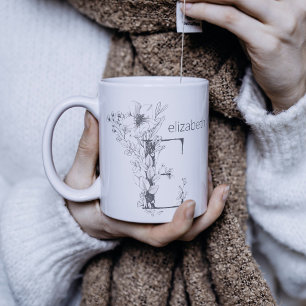 Taza De Café Monograma Botánico Floral   Personalizado Textos E