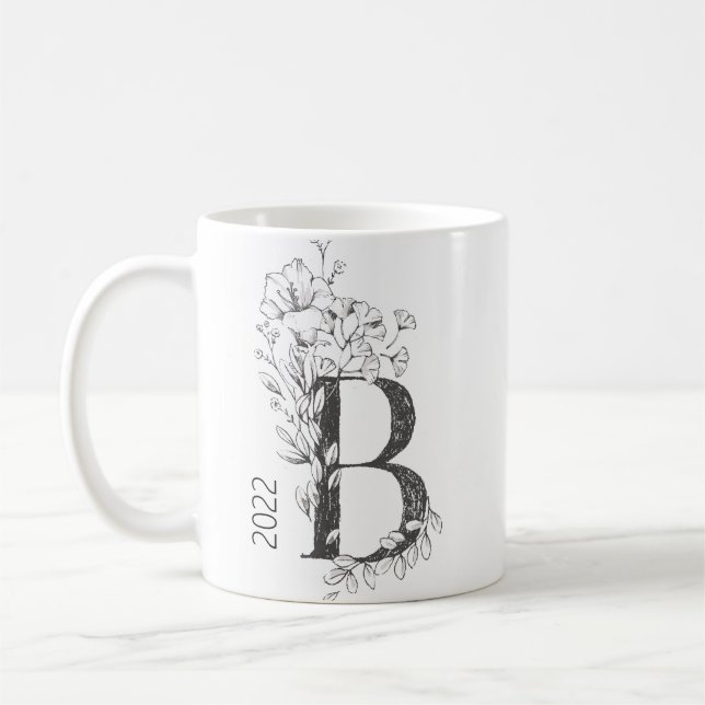 Taza De Café Monograma Botánico Floral | Personalizado Textos E (Izquierda)