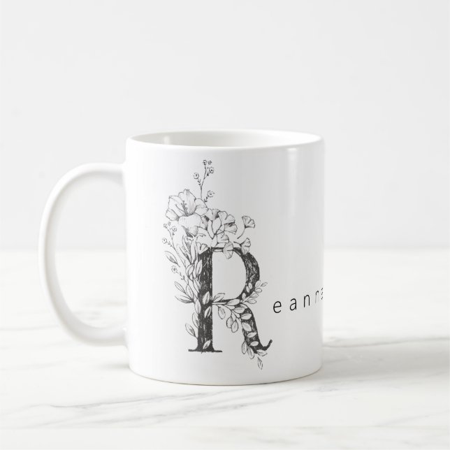 Taza De Café Monograma Botánico Floral "R" Personalizado Texto  (Izquierda)