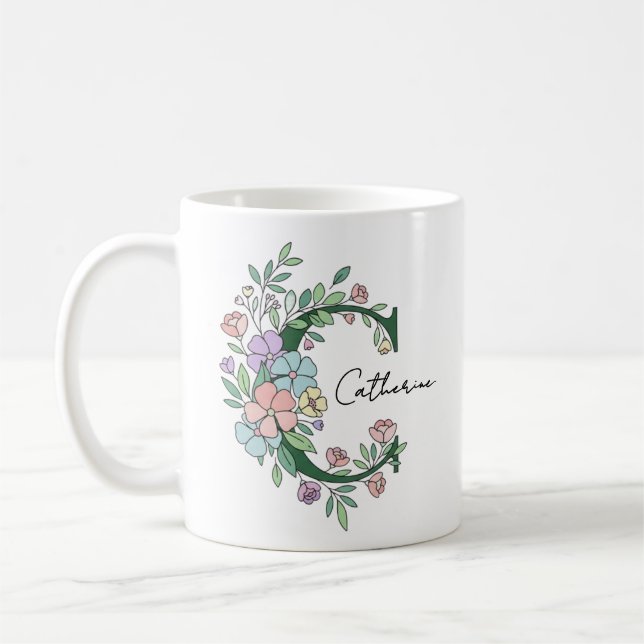 Taza De Café Monograma Botánico Floral | Texto Personalizado El (Izquierda)