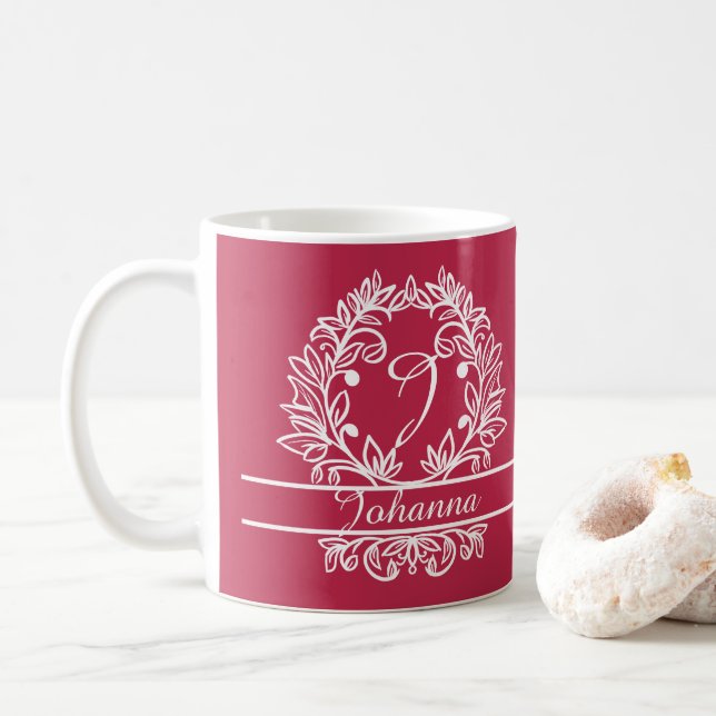 Taza De Café Monograma Botánico Floral - Texto Personalizado el (Con donut)