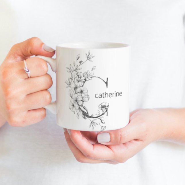 Taza De Café Monograma Botánico Floral | Texto Personalizado El (Subido por el creador)