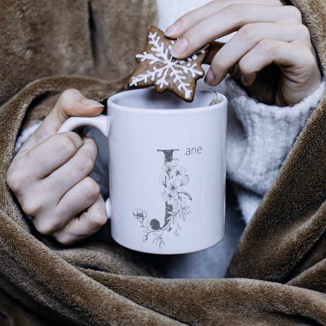 Taza De Café Monograma Botánico Floral | Texto Personalizado El (Subido por el creador)