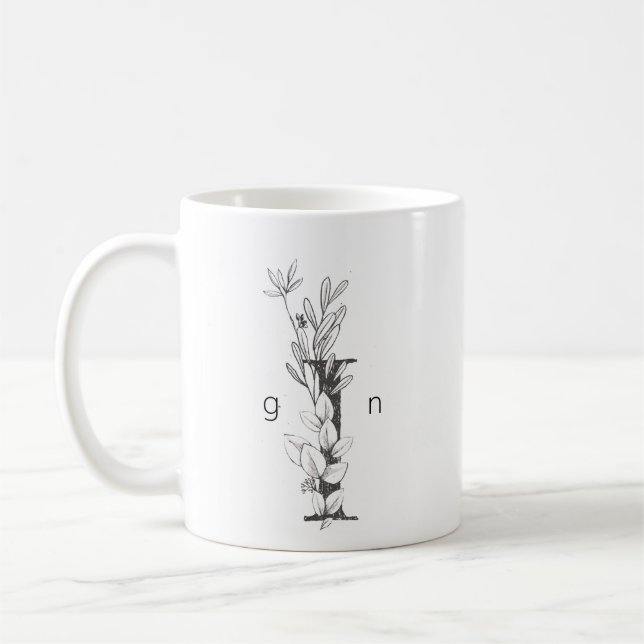 Taza De Café Monograma Botánico Floral | Texto Personalizado El (Izquierda)